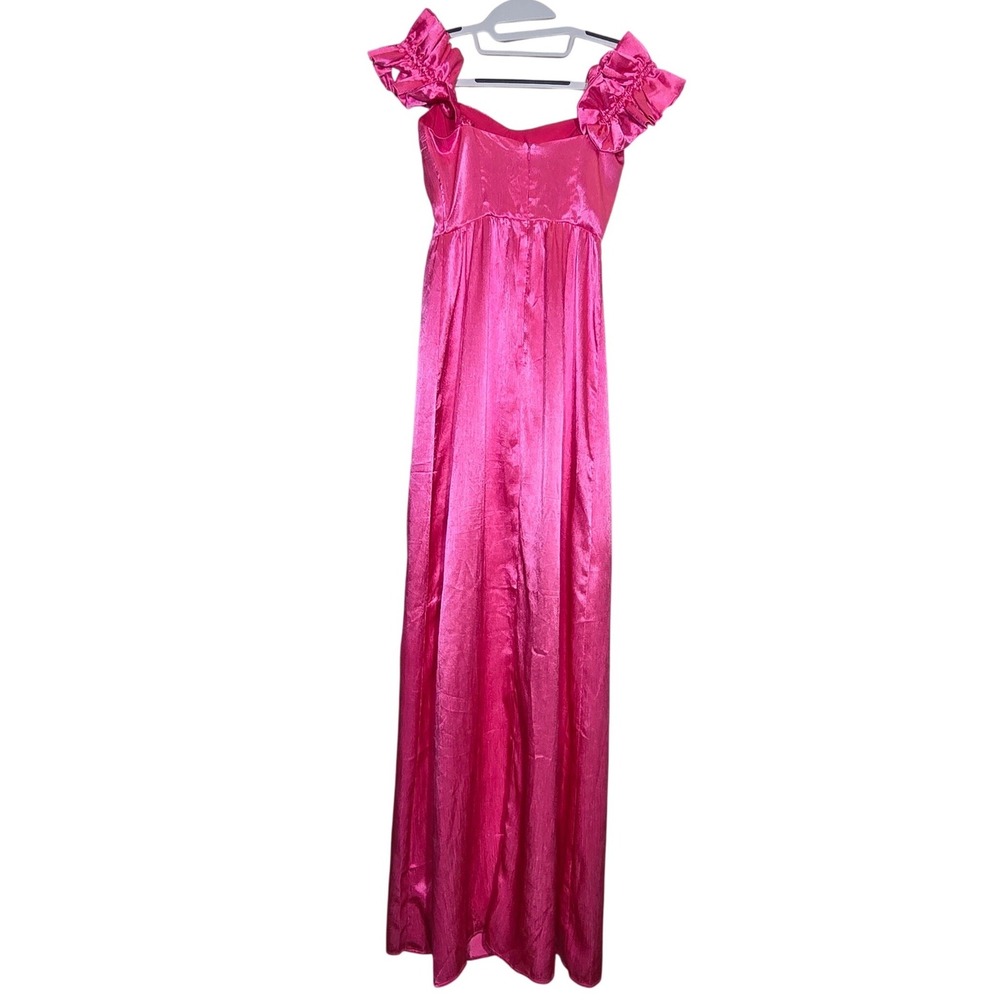 Hello Molly Hot Pink Ruffle Bustier Double Slit Satin Maxi Dress XS USA 2 - Picture 3 of 12